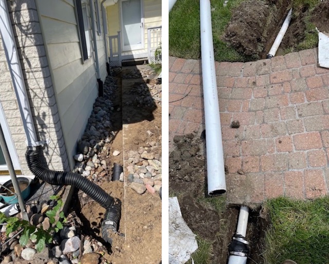 Yard Drainage and Downspout Extensions before and after